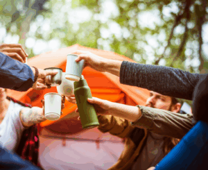 Group of friends toasting outside a tent while enjoying Good Friday Wellness Psilocybin Magic Mushrooms.