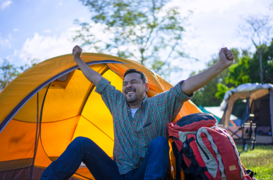 Camper waking up refreshed with Good Friday Wellness magic mushroom capsules